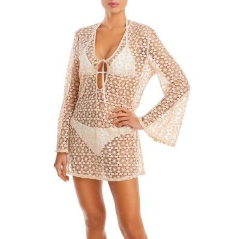Aqua Swim Mini Dress Womens M Brown Crochet Lace Boho Bell Sleeve $88 NWD